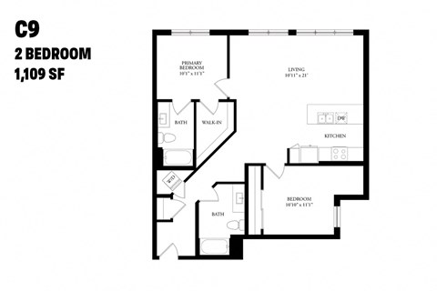 Floor plan for 2 beds, 2 baths, 1109 sqft